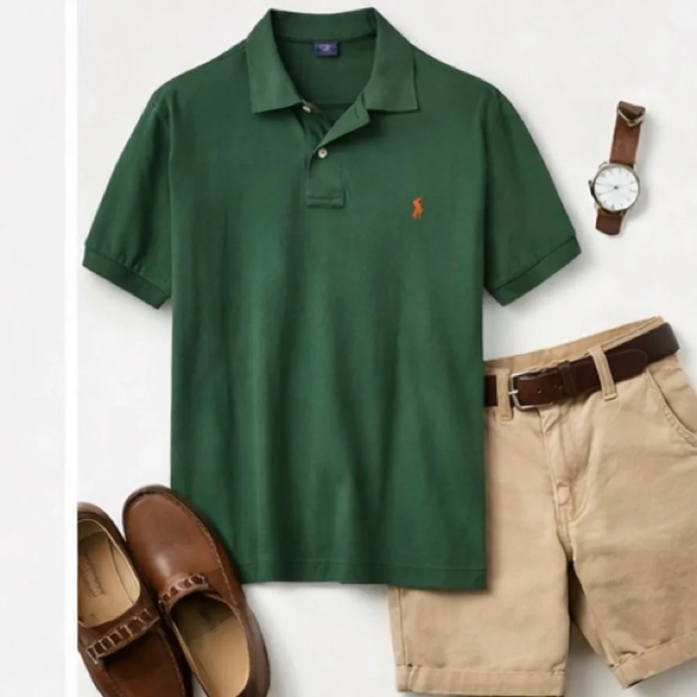 Polo Ralph Lauren Men’s Medium Green Short Sleeve Cotton Polo Shirt Orange Pony